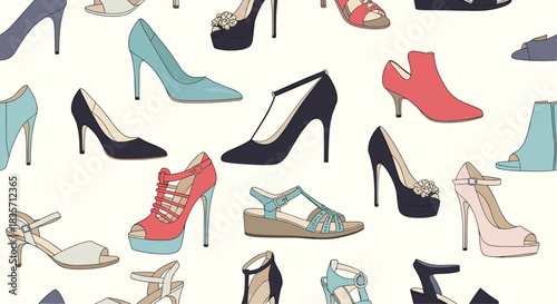 Seamless pattern background of various stylish and colorful women's high-heeled shoes, sandals, and ankle boots.