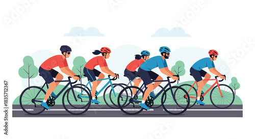 Group of diverse friends wearing helmets and athletic gear enjoy a bike ride together on a paved path through a park.