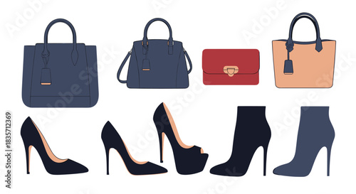 Collection of women's fashion accessories including stylish handbags, purses, high-heeled shoes, and ankle boots.