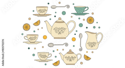 Beautifully arranged circular composition of a vintage tea set including teapots, cups, spoons, and lemon slices on white.