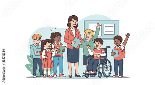 Inclusive classroom scene showing a female teacher with a diverse group of students, including children with disabilities.