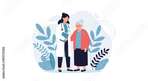 Female doctor in a white coat stands with and supports an elderly female patient against a background of blue leaves.