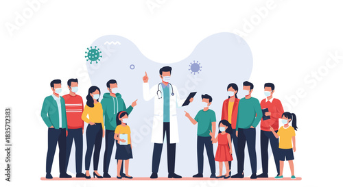 Male doctor wearing a face mask explains health information to a crowd of diverse people during a virus pandemic outbreak.