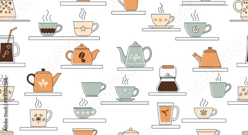 Seamless background pattern of various coffee and tea cups, mugs, and pots neatly arranged on white shelves for a cafe theme.