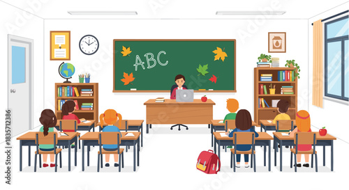 Elementary school classroom scene with a teacher at her desk and young students learning the alphabet from a chalkboard.