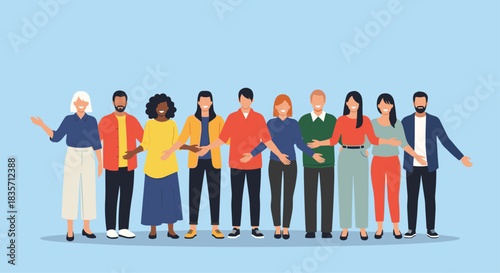 Cheerful and diverse group of multicultural people standing together in a row with their arms linked in a show of unity.