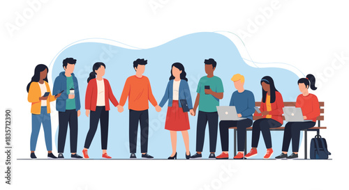 Large group of diverse young people and students socializing together, some using laptops and phones while others interact.