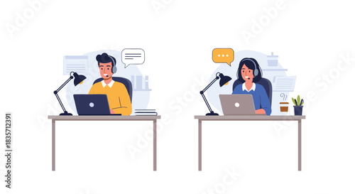 Male and female customer service agents with headsets working on laptops at their desks, representing a call center support team.