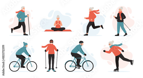 Collection of active senior citizens enjoying various winter and outdoor sports like running, cycling, yoga, and Nordic walking.
