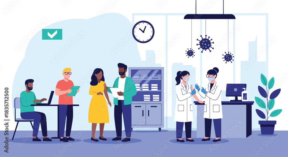 Fototapeta premium Medical professionals administer COVID-19 vaccinations to a diverse group of patients waiting in a modern clinic setting.