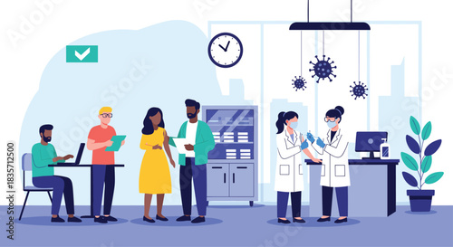 Medical professionals administer COVID-19 vaccinations to a diverse group of patients waiting in a modern clinic setting.