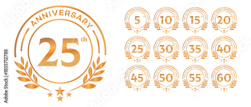 Anniversary Badges 5, 10, 20, 25, 50, 60  Golden Vector Set