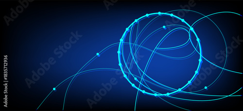 Dark blue background displaying an abstract digital network with glowing lines and connected dots, symbolizing data flow, global communication, and technological innovation in a futuristic style.