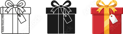 Three distinct gift box icons, including outline, solid silhouette, and a vibrant red present with a golden bow and blank tag, ideal for holidays, promotions, and celebrations. Vector
