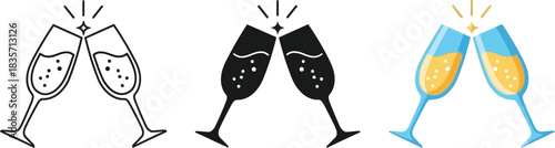 Champagne toast glasses clinking icons set, sparkling celebration symbol with fizz bubbles and starburst, offering a variety of three distinct visual styles: outline, silhouette, and vibrant color des
