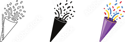 Party popper with flying confetti icons set in outline, solid black, and vibrant colorful designs, symbolizing celebration, joy, and festive events on a clean background. Vector
