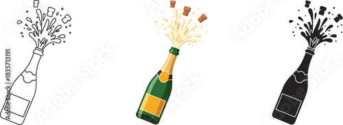 A vibrant collection of three distinct champagne bottle illustrations, each depicting a celebratory pop with effervescent liquid and flying corks, rendered in outline, full-color, and silhouette forms