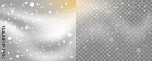 Falling snow and bokeh effect overlay with a subtle golden sun glow on a transparent background. For winter and holiday photo effects. Editable vector illustration.