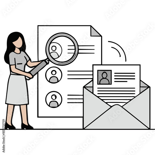 A Woman in a Grey Skirt and White Top Examines a Resume with a Magnifying Glass Next to an Open Envelope with a Profile Picture and Document in a Minimalist Office Setting