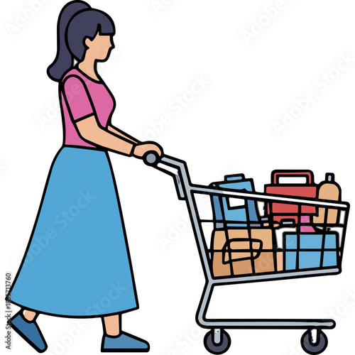 A Woman Pushes a Full Shopping Cart with Groceries and Household Items Showing a Pink Shirt and Blue Skirt, A Side View of a Retail Purchase