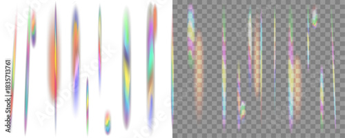 Vertical neon glowing lines and digital artifacts with glitch effect. Rainbow light leak overlay with colorful prism refraction streaks on a transparent background. Editable vector illustration. 
