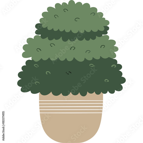 A Potted Green Topiary Bush With Lush Foliage and A Beige Pot with Horizontal Lines Against A Black Background