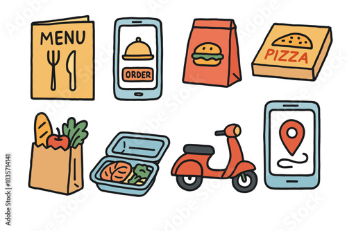 Food delivery icons set featuring smartphones, menu, scooter, and groceries