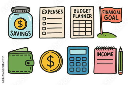 Financial planning icons: savings, budget, income, financial goals, calculator