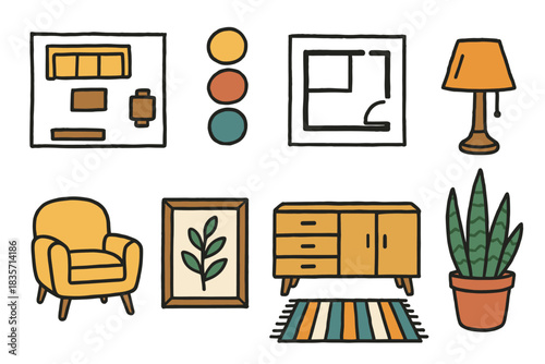 Cozy living room decor with armchair, lamp, and indoor plant in mid-century style