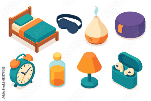 Isometric bedtime essentials - bed, sleep mask, humidifier, alarm clock, earbuds