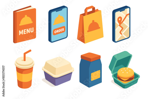 Colorful food delivery icons: menu, order, packaging, and navigation