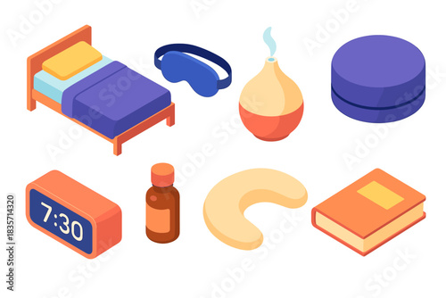 Isometric bedroom items collection: bed, eye mask, humidifier, cushion, clock, bottle, neck pillow, book