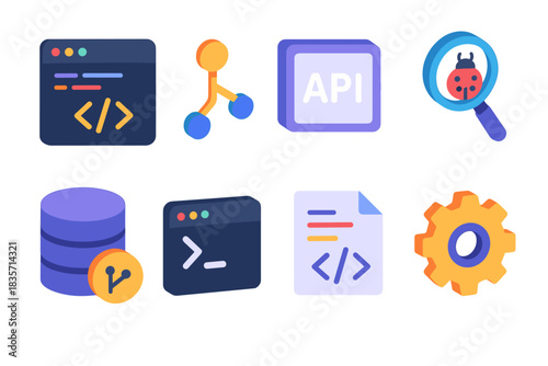 Colorful software development icons featuring code, database, api, and bug detection
