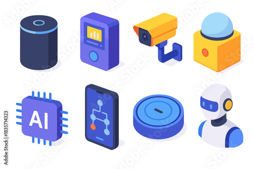 Isometric smart device icons: ai chip, robot, security camera, smart speaker, thermostat
