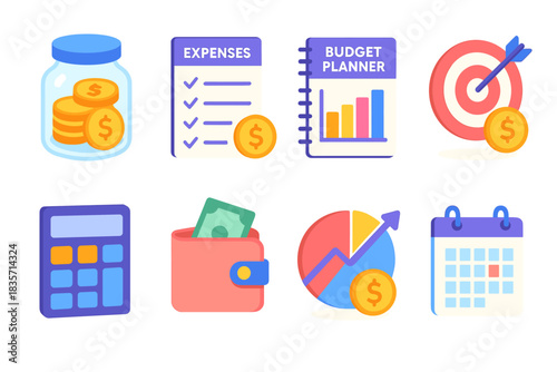 Financial planning icons set with calculator, budget planner, and expenses tracker