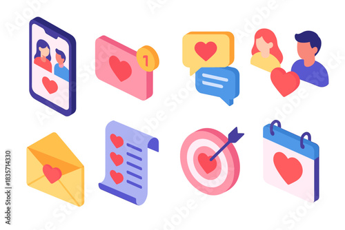 Colorful love and communication icons including mobile and heart symbols