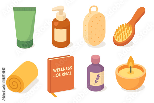 Collection of spa and self-care items including skincare, journal, candle, and bath accessories