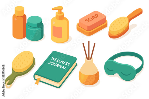 Wellness and self-care items: shower essentials, sleep mask, journal, aromatherapy