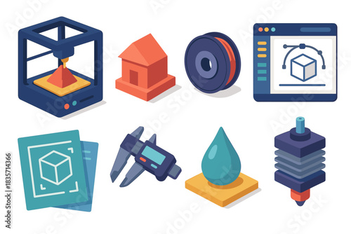 3d printing elements and tools: printer, filament, prototype, and cad design