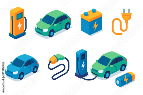 Isometric electric car icons with charging stations and batteries