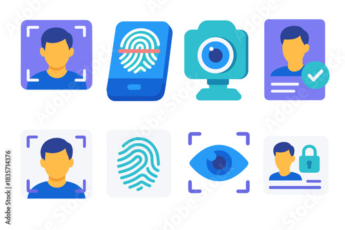 Biometric security technology icons: face, fingerprint, eye, identity, protection
