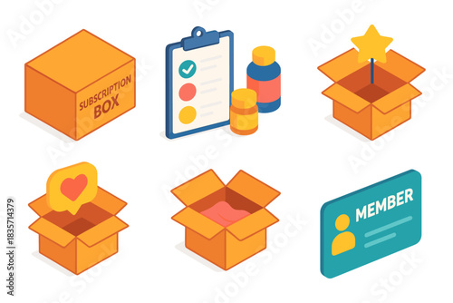Isometric subscription box concepts with checklist, star, heart icon, and member card