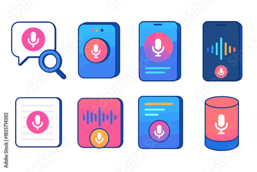 Voice assistant icon set featuring microphone symbols and soundwaves