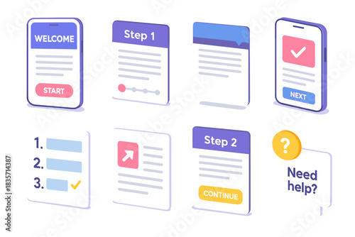 User interface design elements: mobile ui screens for step-by-step onboarding process