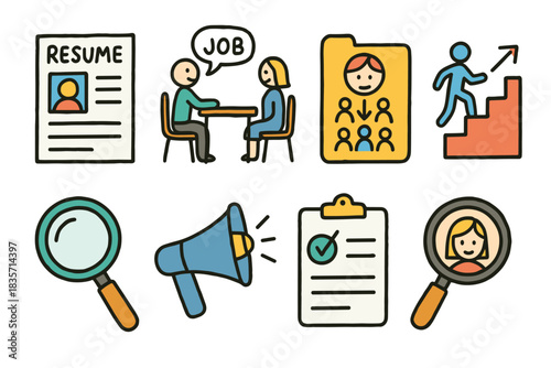 Job interview process icons with diverse elements and key stages