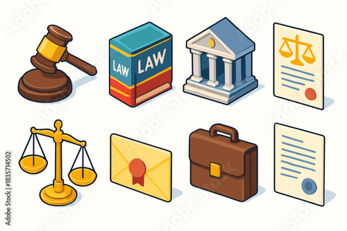 Legal icons collection: gavel, law book, courthouse, scales, contract, briefcase, certificate