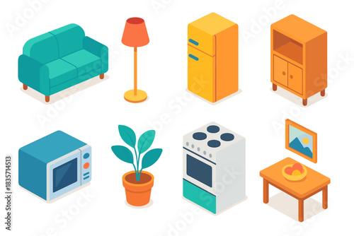 Isometric home objects: furniture, appliances, and decor collection