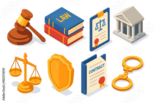 Legal icons set featuring gavel, law books, scales, contract, courthouse, handcuffs