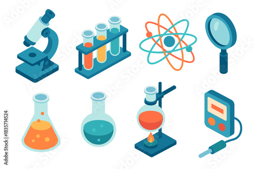 Colorful isometric science lab equipment icons for chemistry and physics