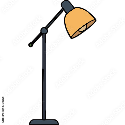 Adjustable floor lamp with warm orange shade and black metal stand providing focused light for reading or task illumination on a clean isolated background